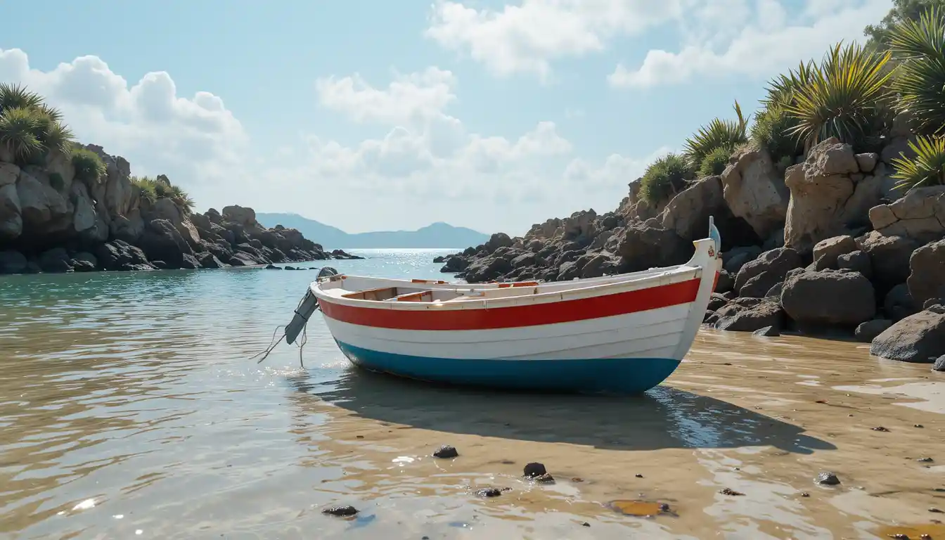 Pequeno barco colorido em uma praia de areia ao lado de costa rochosa