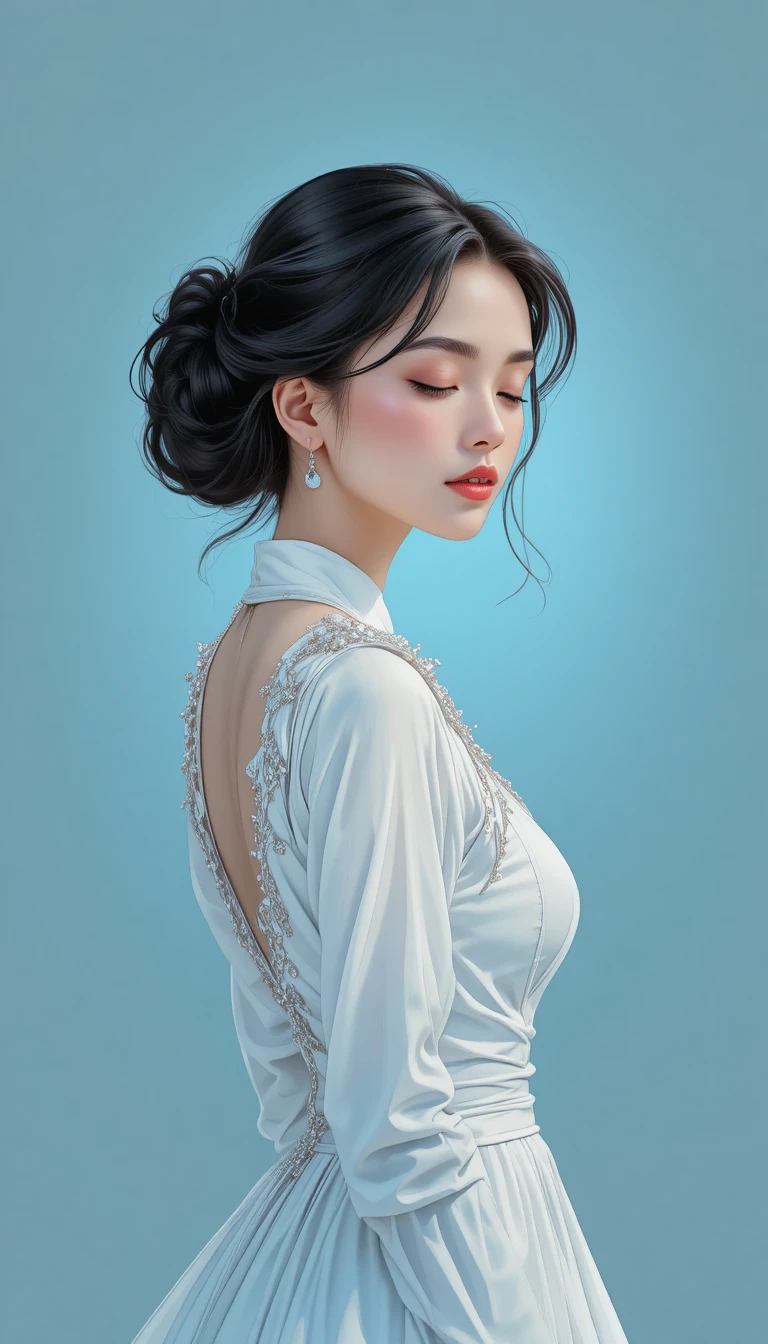 Elegant young woman in white dress with serene closed eyes