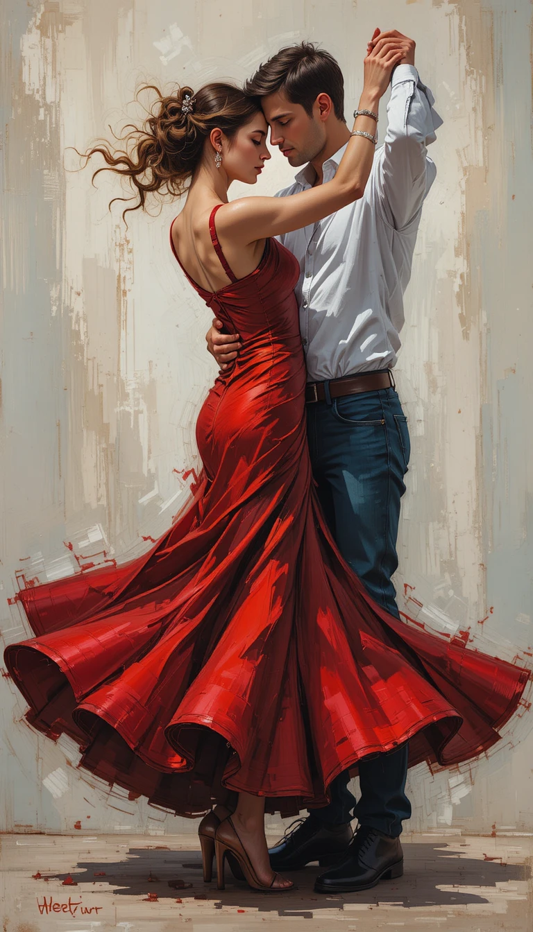 Abstract painting of a passionate dancing couple in motion