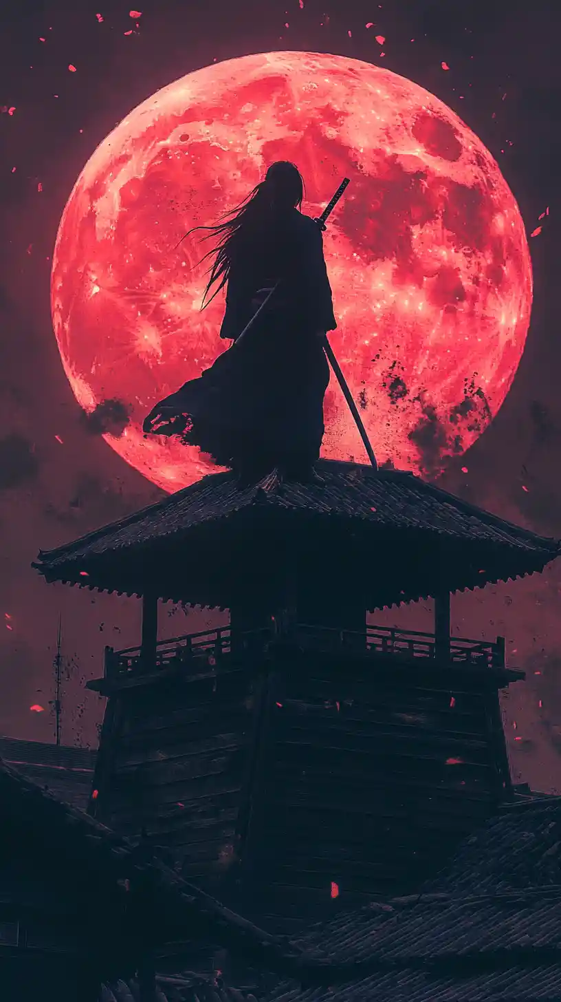 赤い月の下で村を守る女侍