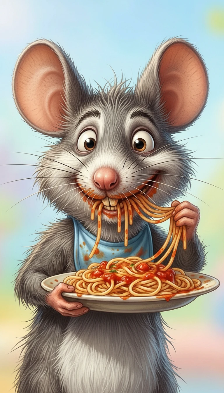 Rato de desenho animado devorando espaguete em fundo em tons pastéis