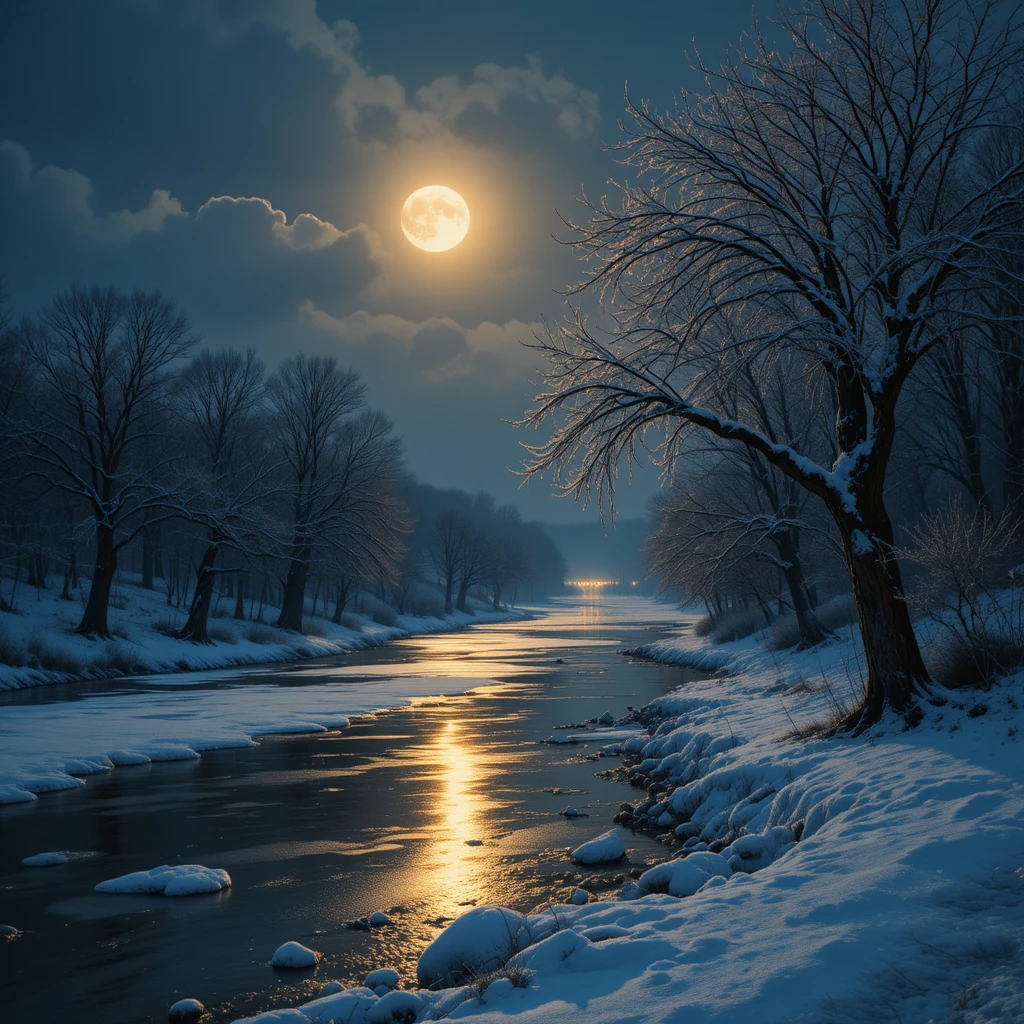 Pleine lune au-dessus d’une rivière d’hiver gelée la nuit