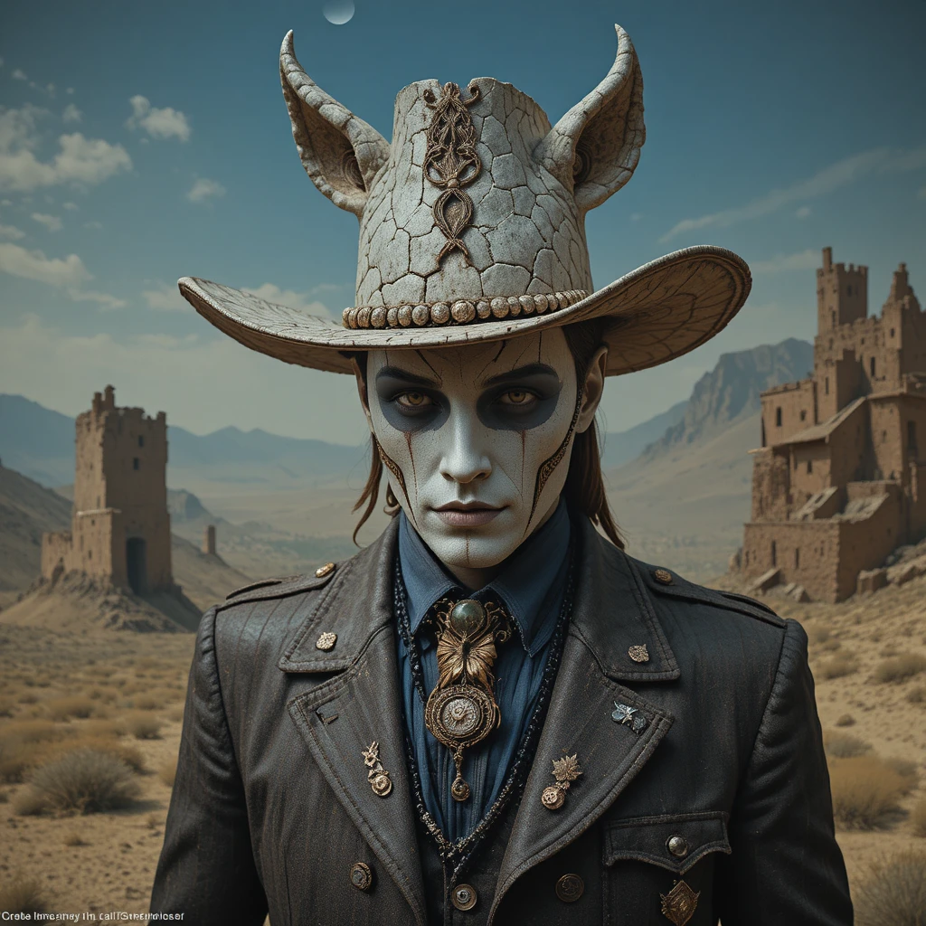 Xerife surreal de máscara de porcelana em um deserto rochoso