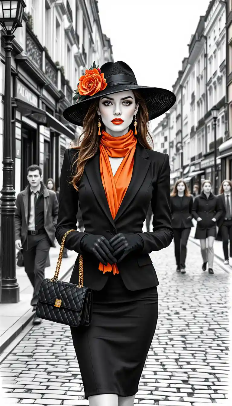 Elegant woman in black suit on Parisian cobblestone street