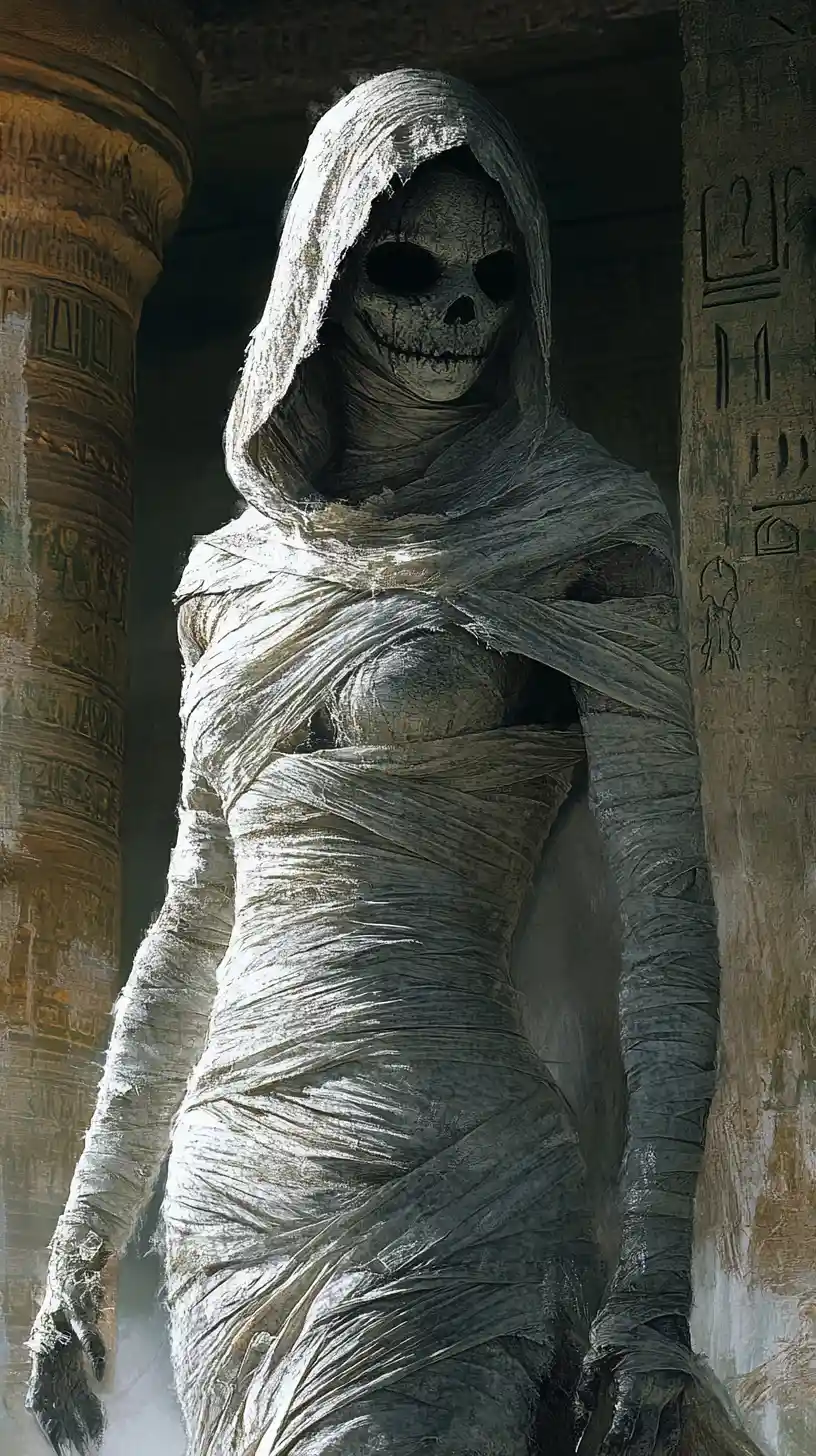 Bandaged mummy like woman in ancient tomb ruins