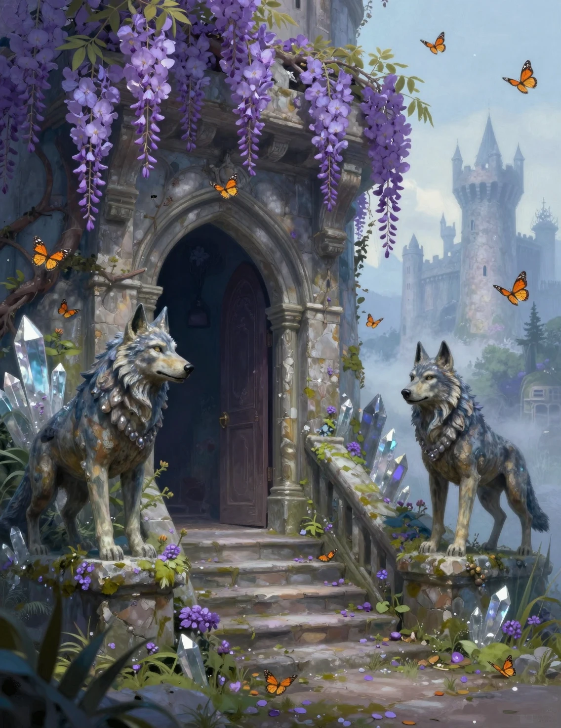 Entrada de castelo coberta de vegetação com lobos e escadaria de cristal