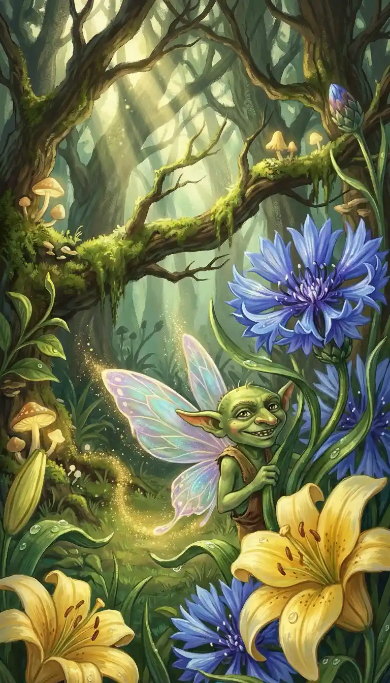 Monello goblin alato nascosto tra i fiori di una foresta incantata