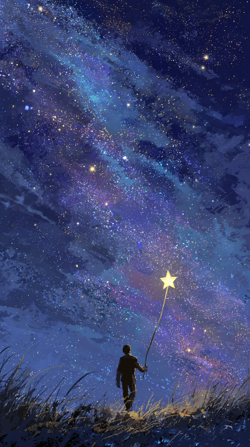 Man Walking On Night Hill Holding A Glowing Star