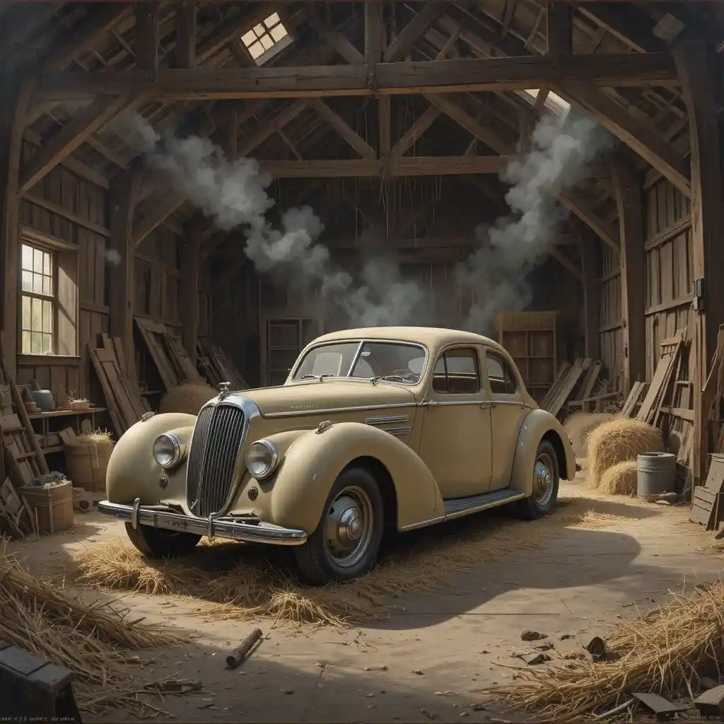 Vintage car resting in a dusty barn oil painting
