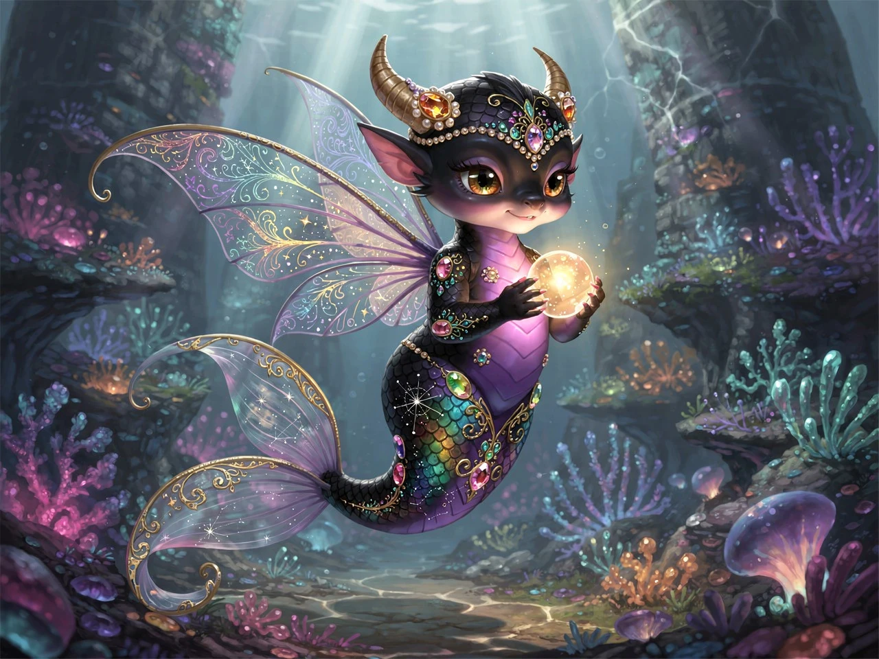 Bébé dragon sirène iridescent dans un royaume sous-marin enchanté