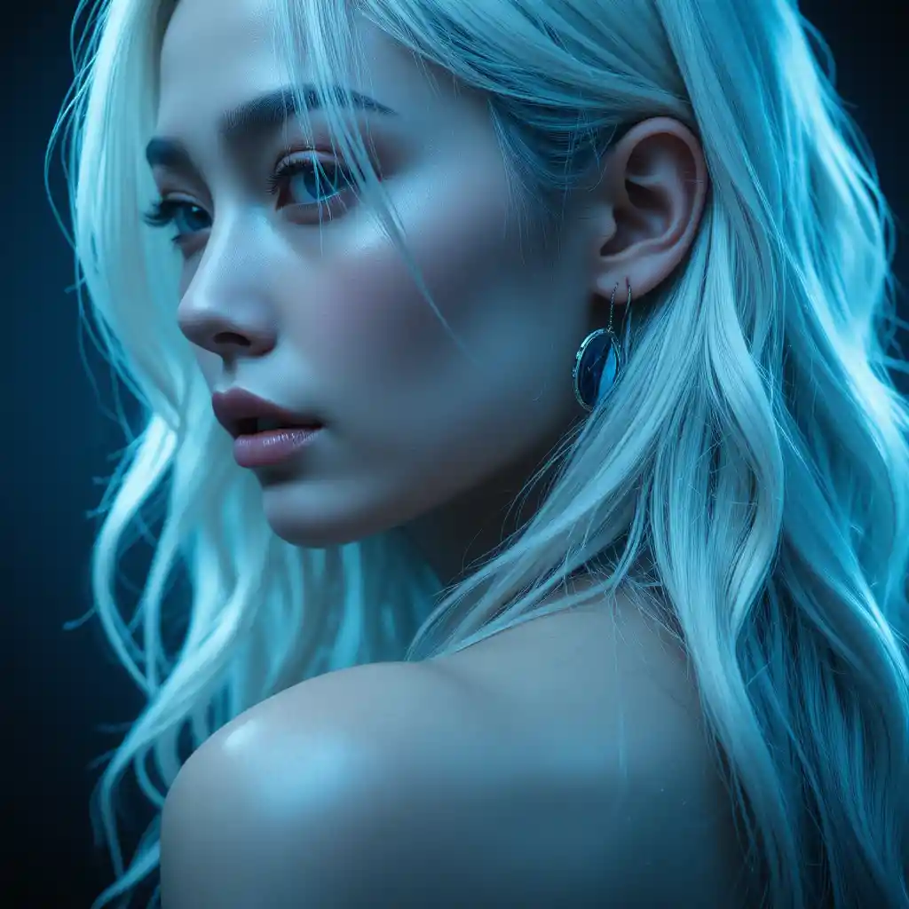 Cinematic close up portrait with platinum blonde highlighted hair