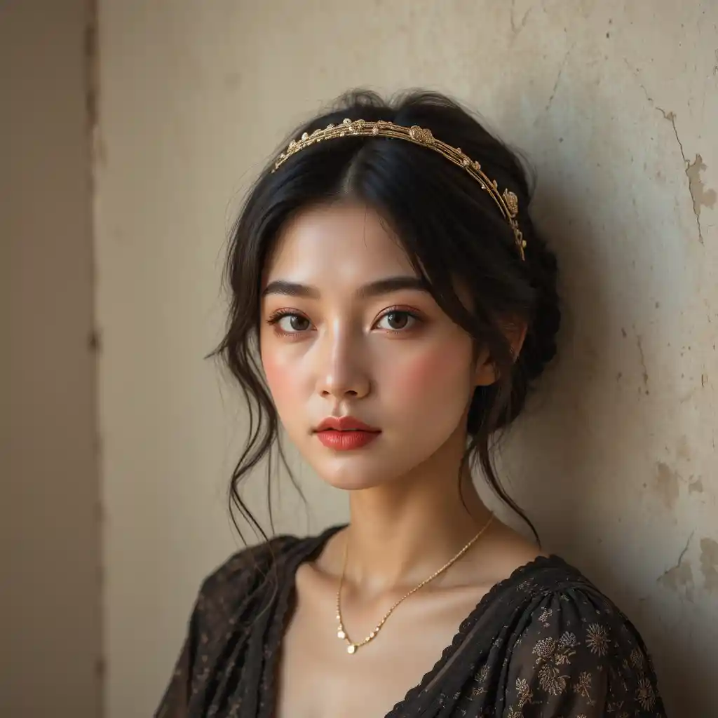 Young Asian woman portrait with soft light and gold jewelry