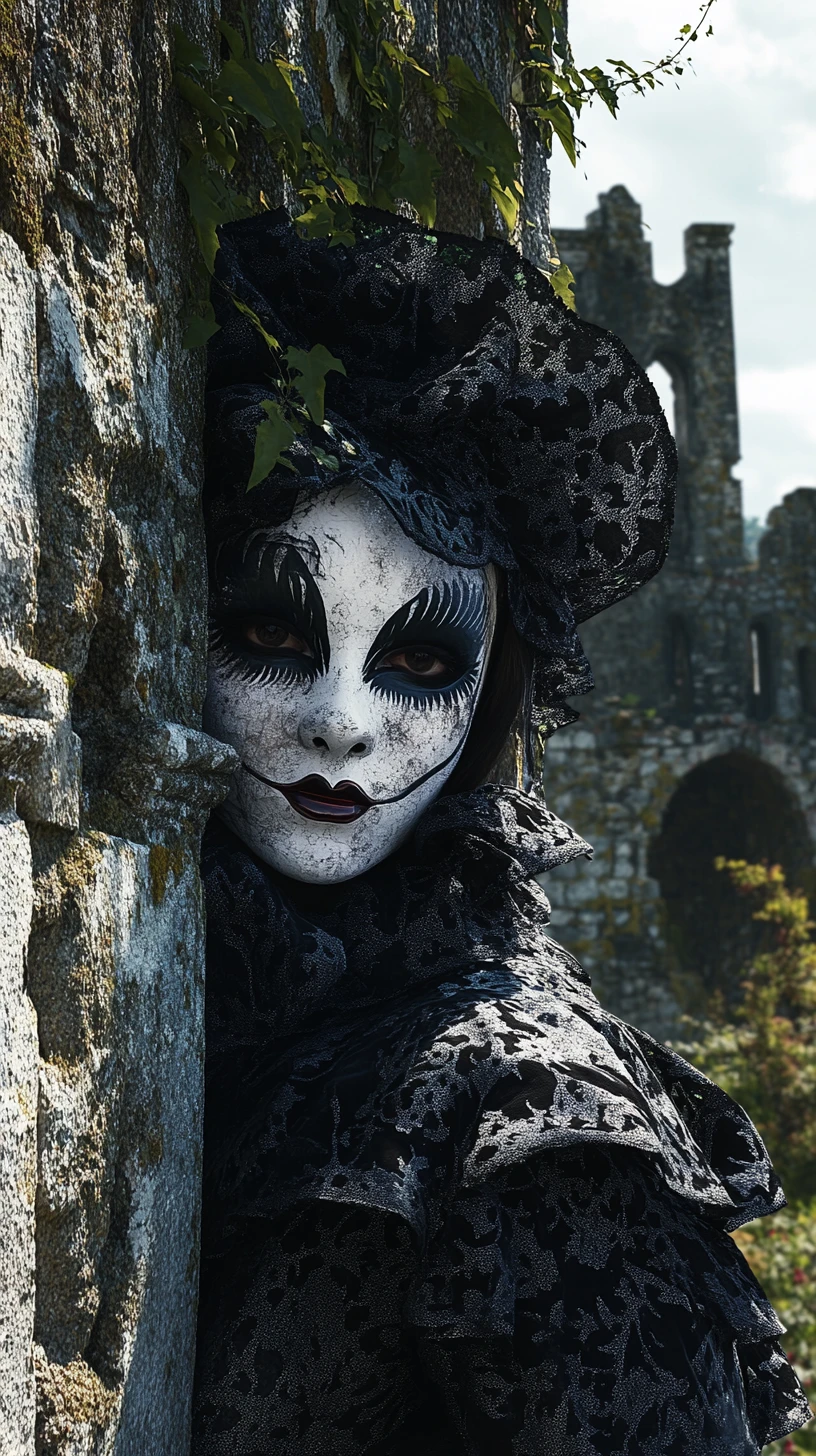 Harlequin en noir et blanc au milieu d’un château en ruines