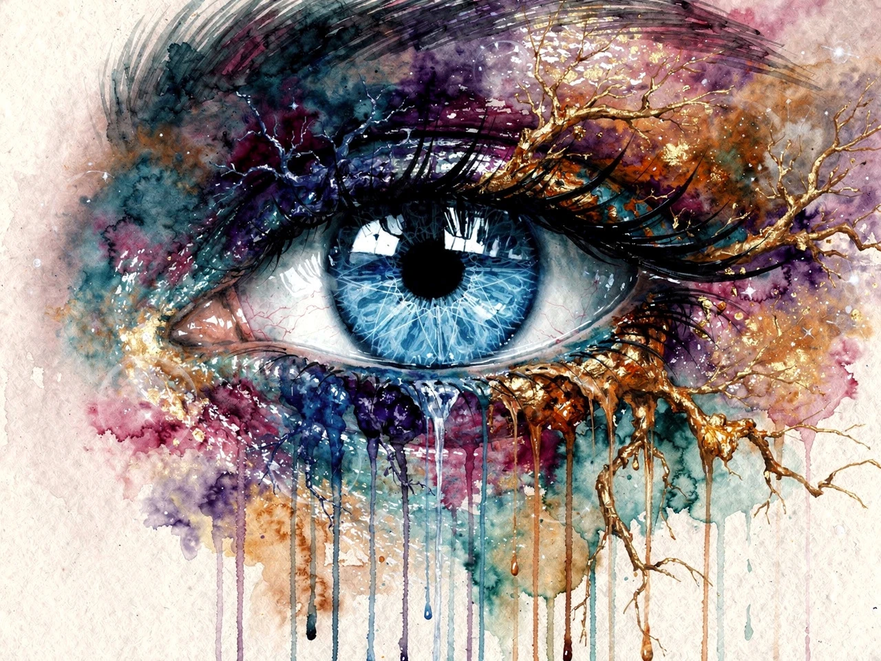 Close-up surreal de um olho humano azul se dissolvendo em cores