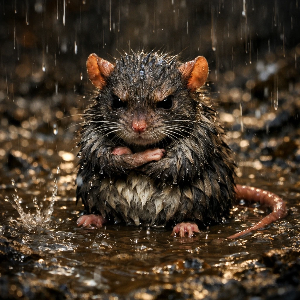 Rat mouillé et grincheux assis seul dans une flaque boueuse