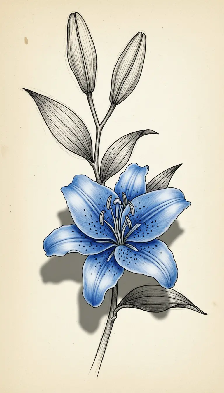 Blue lily emerging from ink botanical sketch on paper