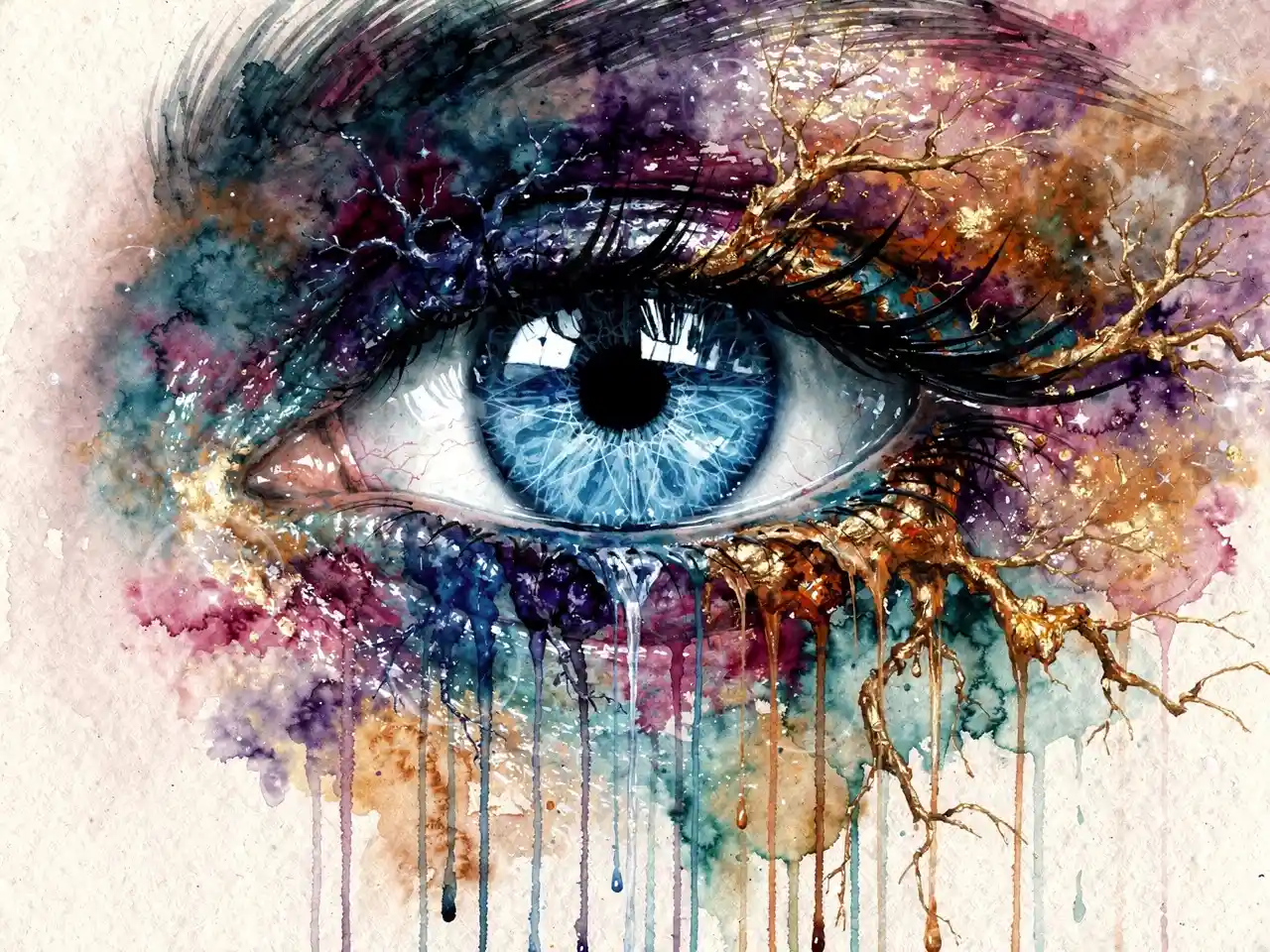 Close-up surreal de um olho humano azul se dissolvendo em cores