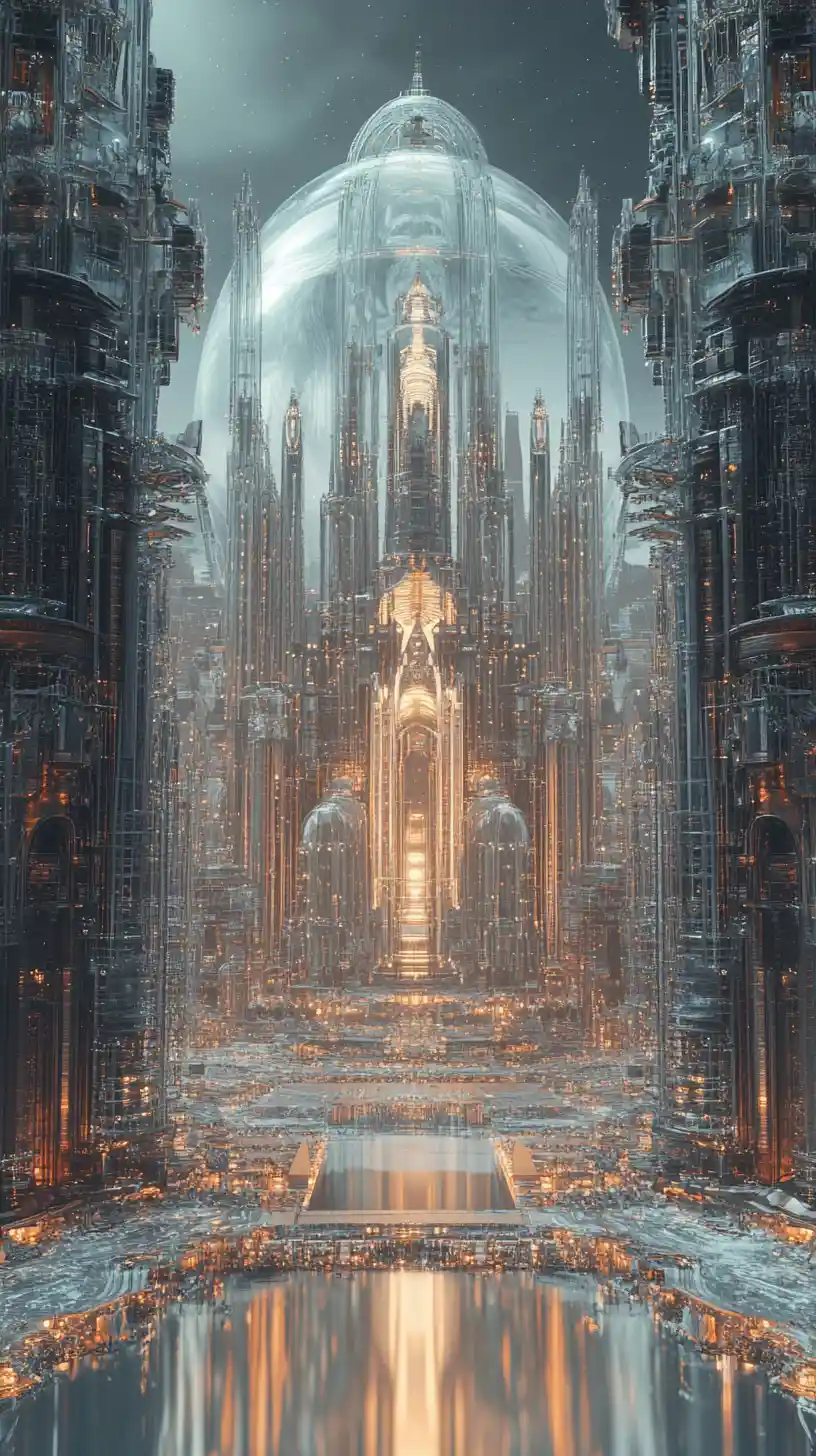 Palais de Verre Futuriste S’élevant au-dessus d’un Paysage Urbain Symétrique