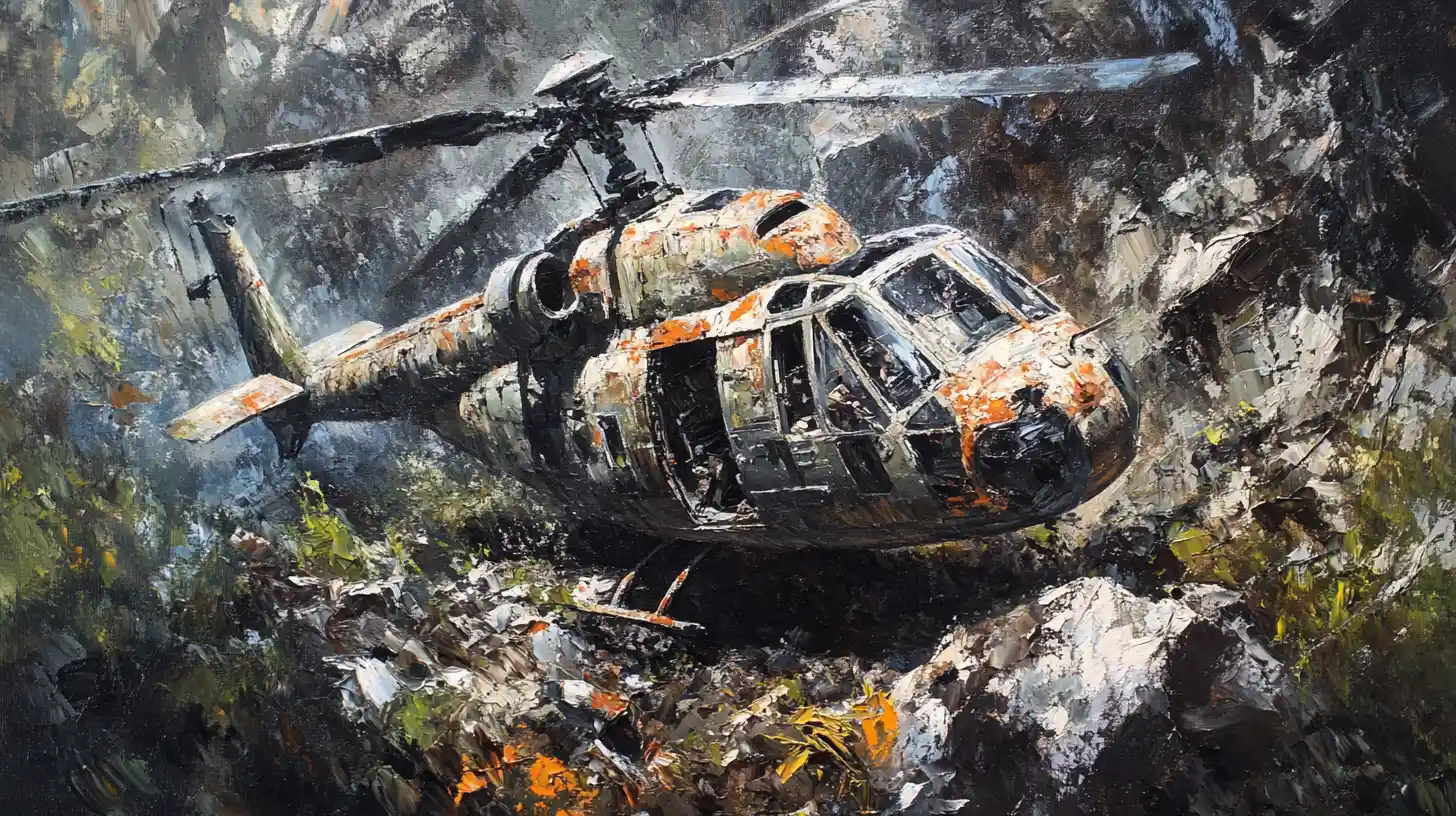Dipinto a olio di un elicottero da guerra distrutto in una landa rocciosa