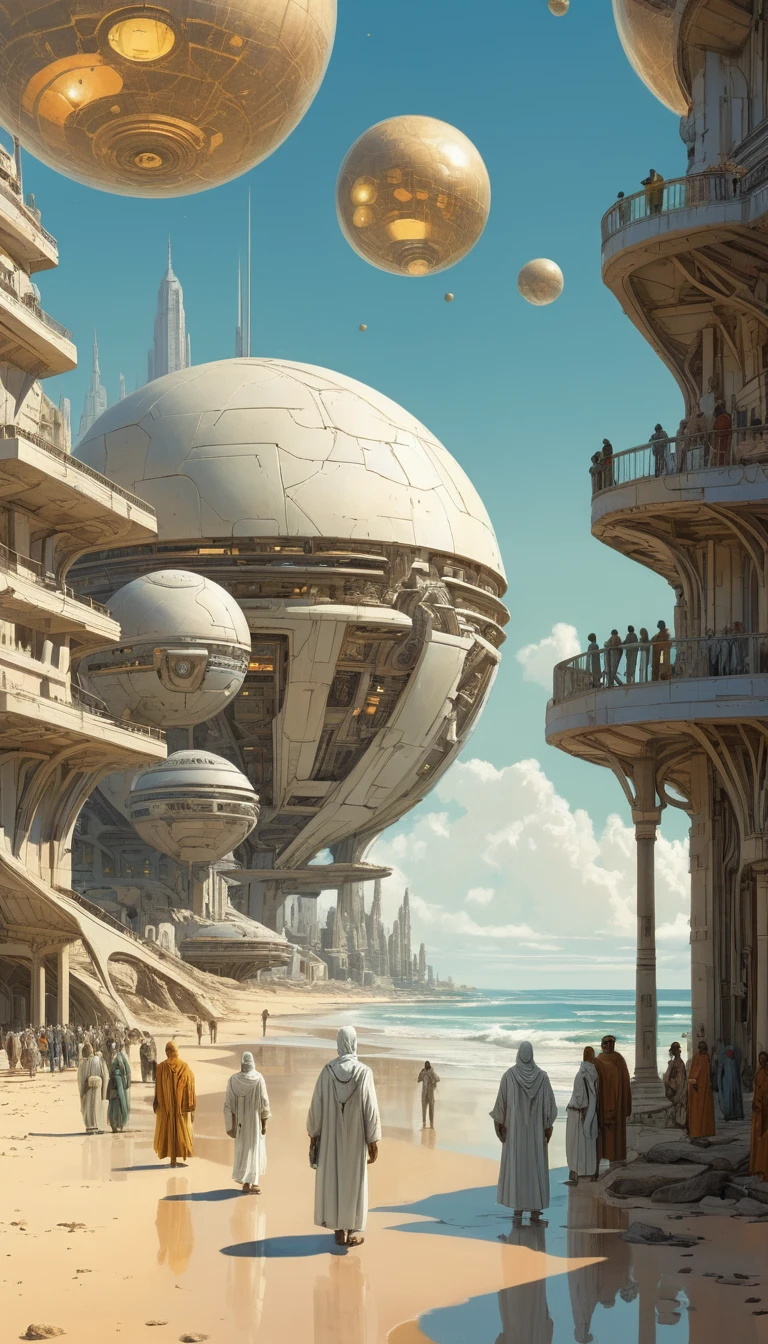 Multidão futurista de túnicas brancas em uma praia tropical