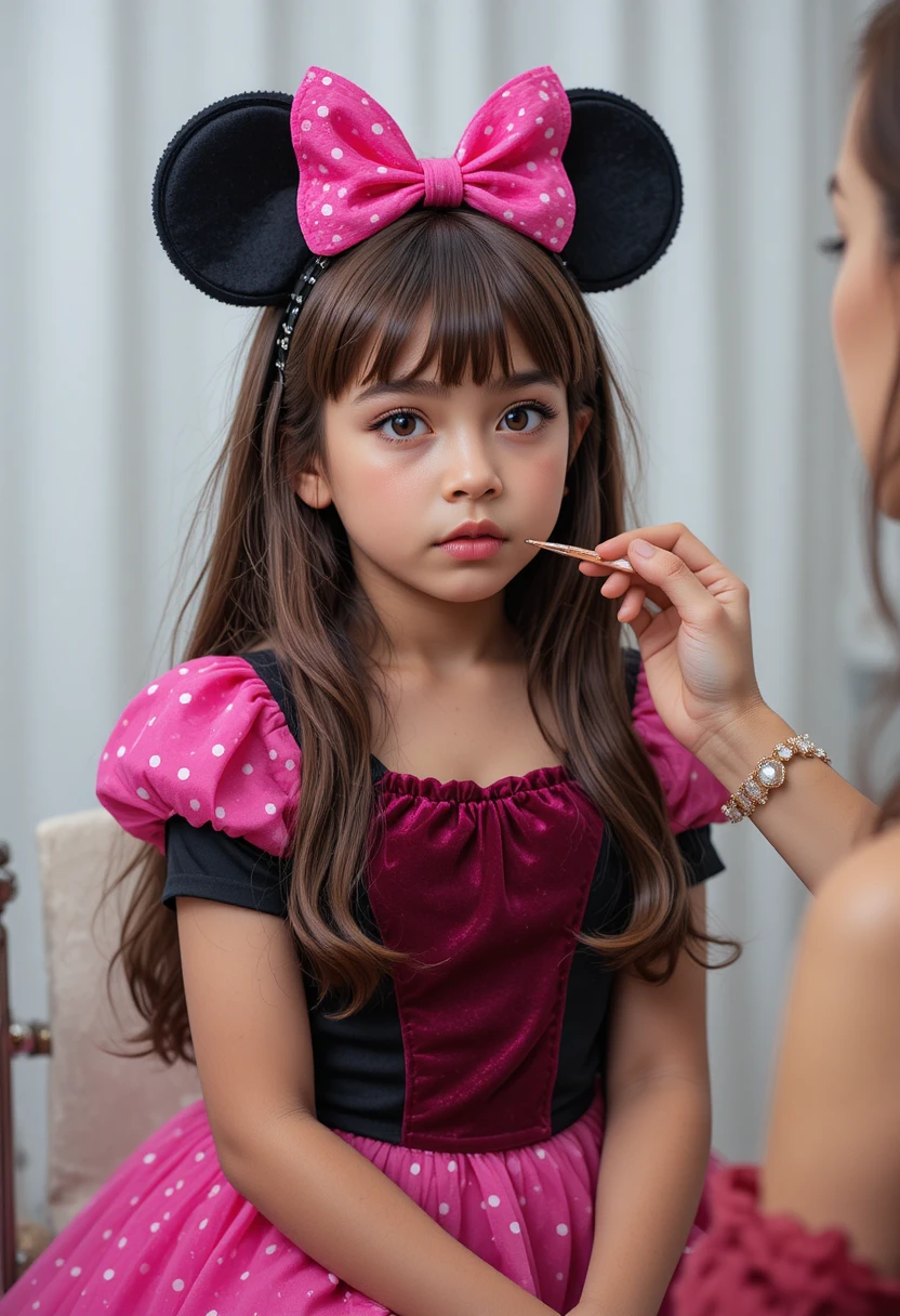 Junger Junge im rosa Kleid bekommt nervös Make-up aufgetragen