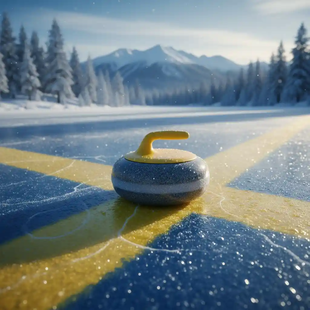 Schwedischer Curling-Stein auf einer zugefrorenen Winter-Eisbahn