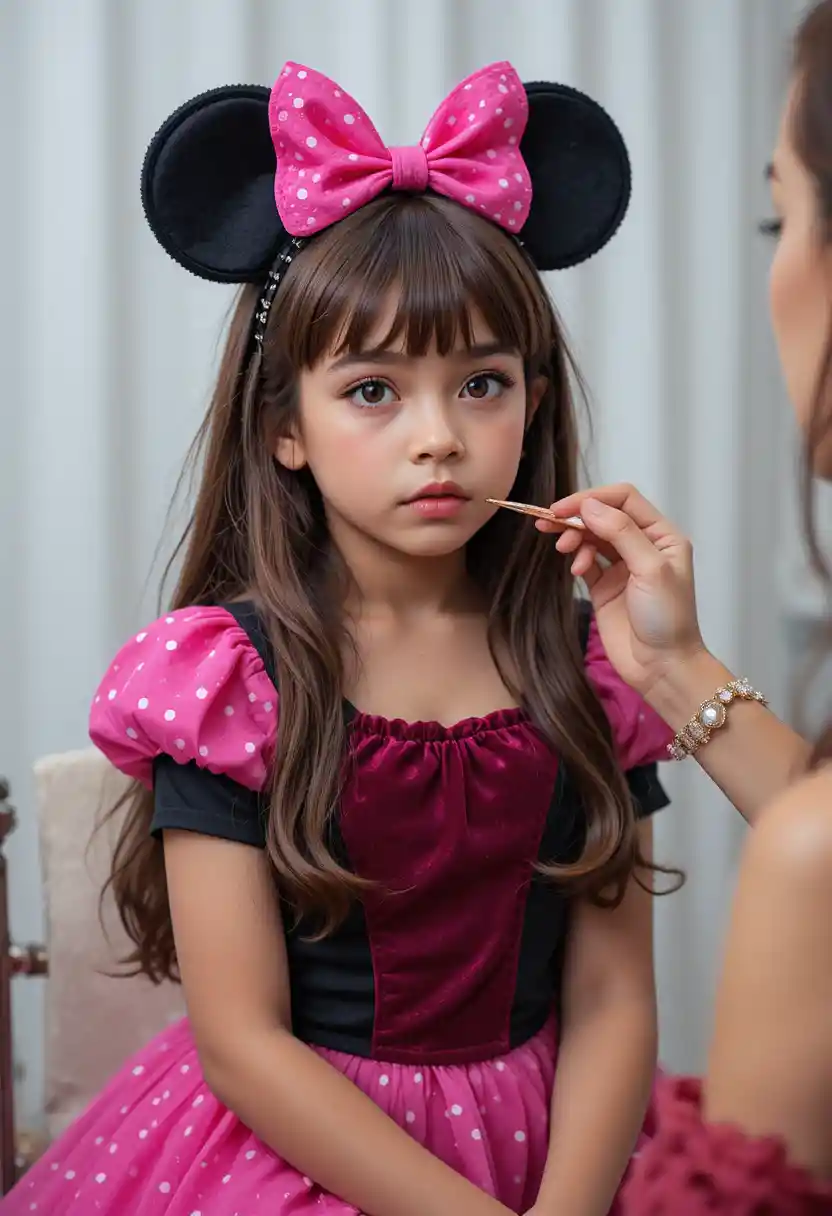 Young boy in pink dress getting makeup applied nervously
