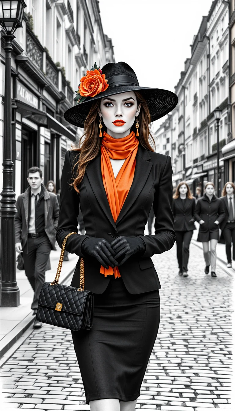 Elegant woman in black suit on Parisian cobblestone street