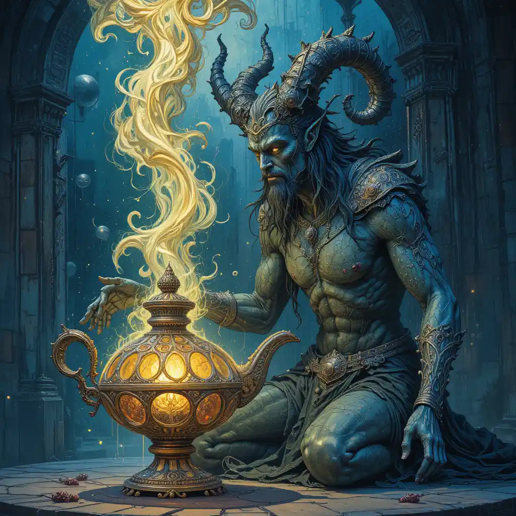 Djinn Mystérieux à Côté d’une Lampe Magique Finement Sculptée