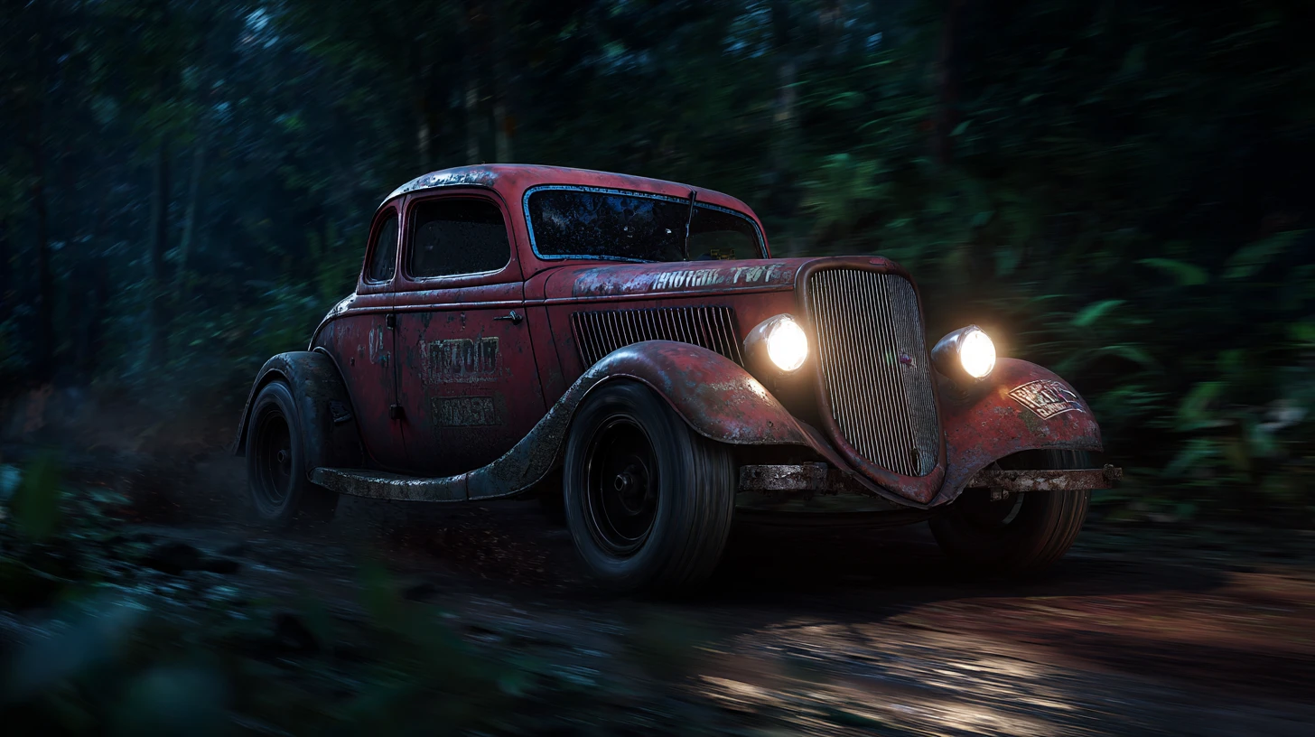 Cupê Ford 1934 enferrujado correndo por uma trilha escura na floresta