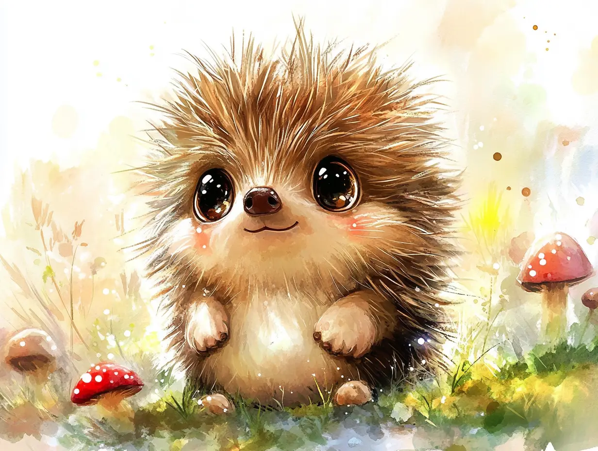 Filhote de Ouriço Fofinho em Aquarela com Floresta Fantástica Iluminada