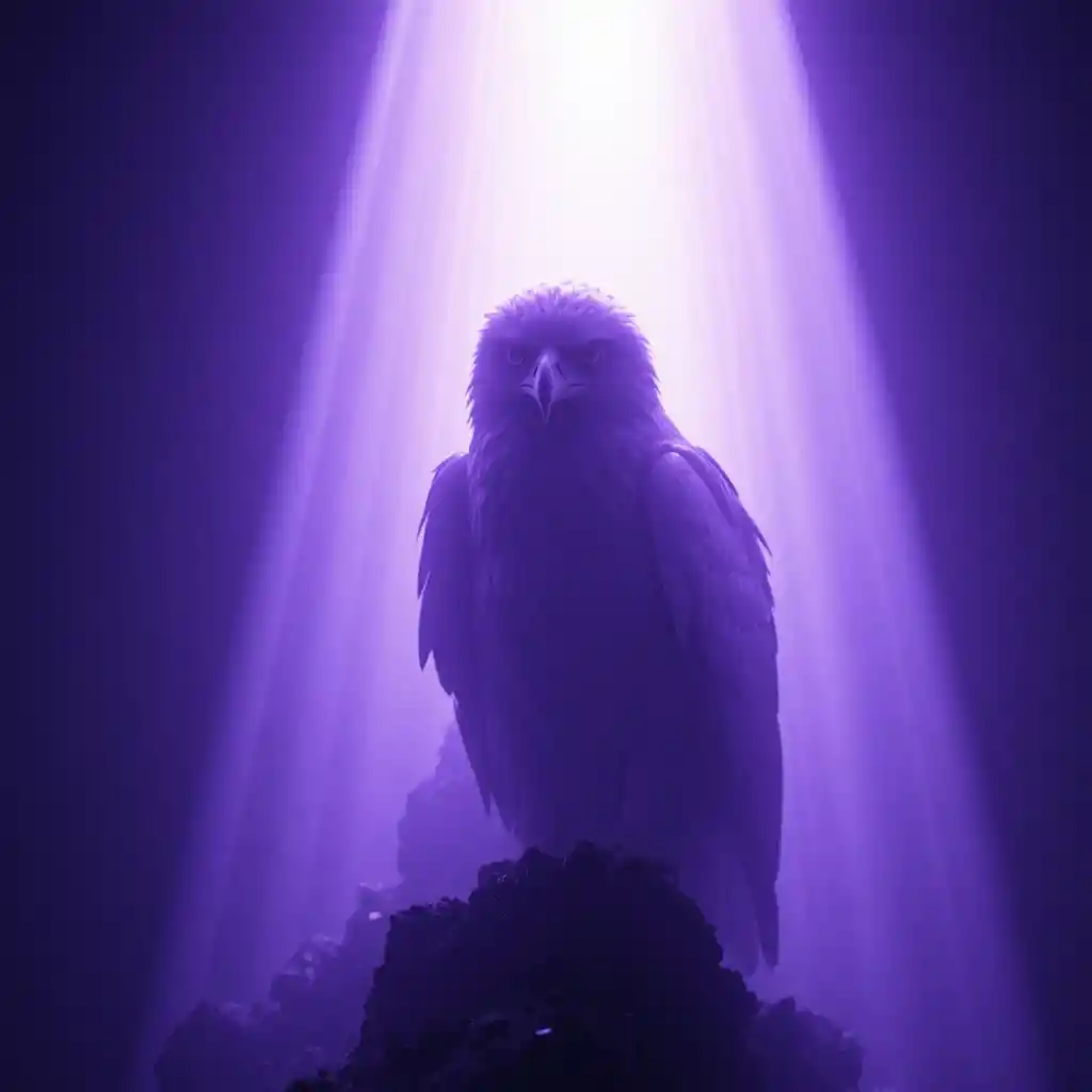 Silhouette di aquila arpia velata da una travolgente luce viola