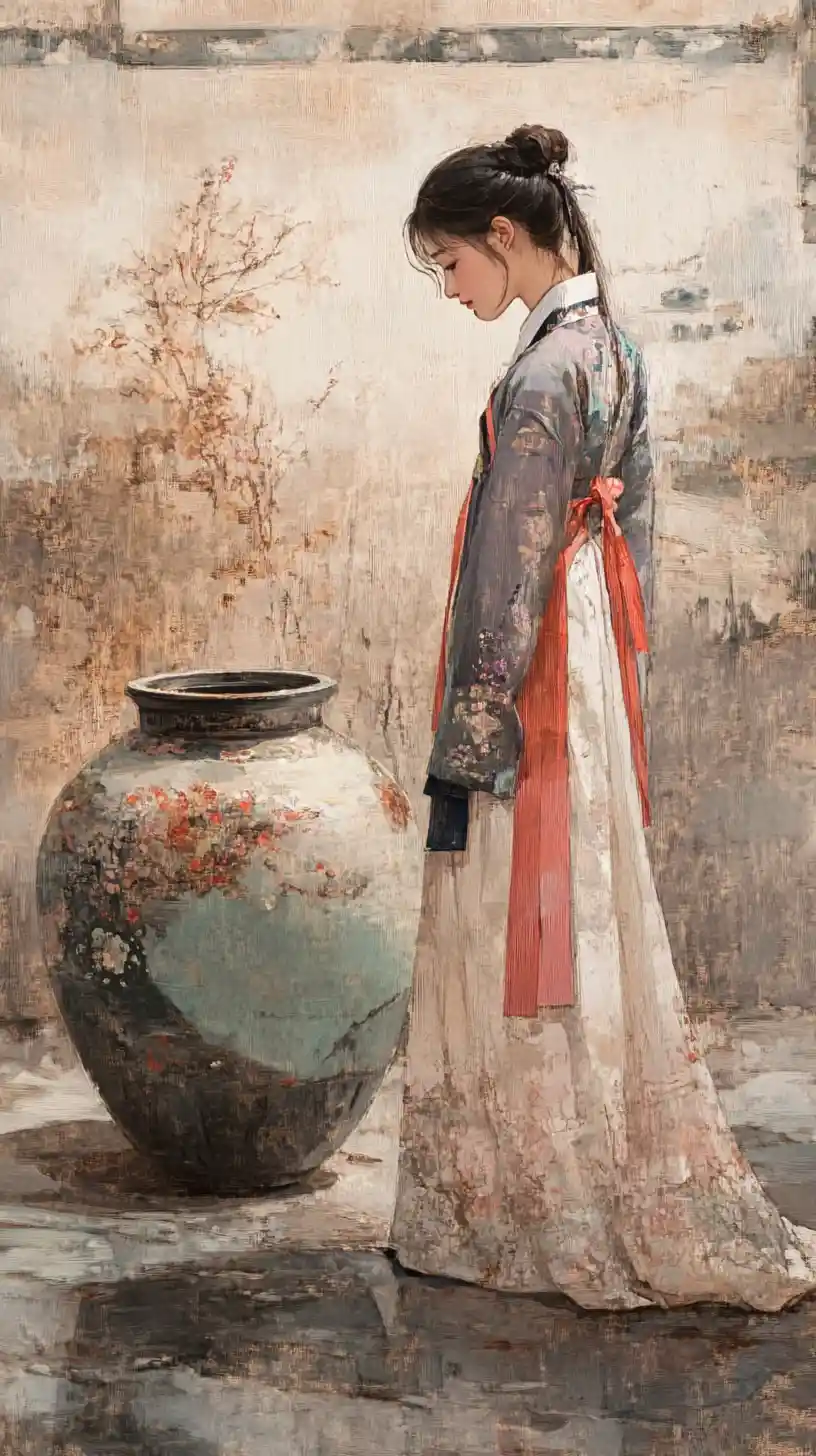 Jovem em hanbok coreano contemplando um grande vaso de cerâmica