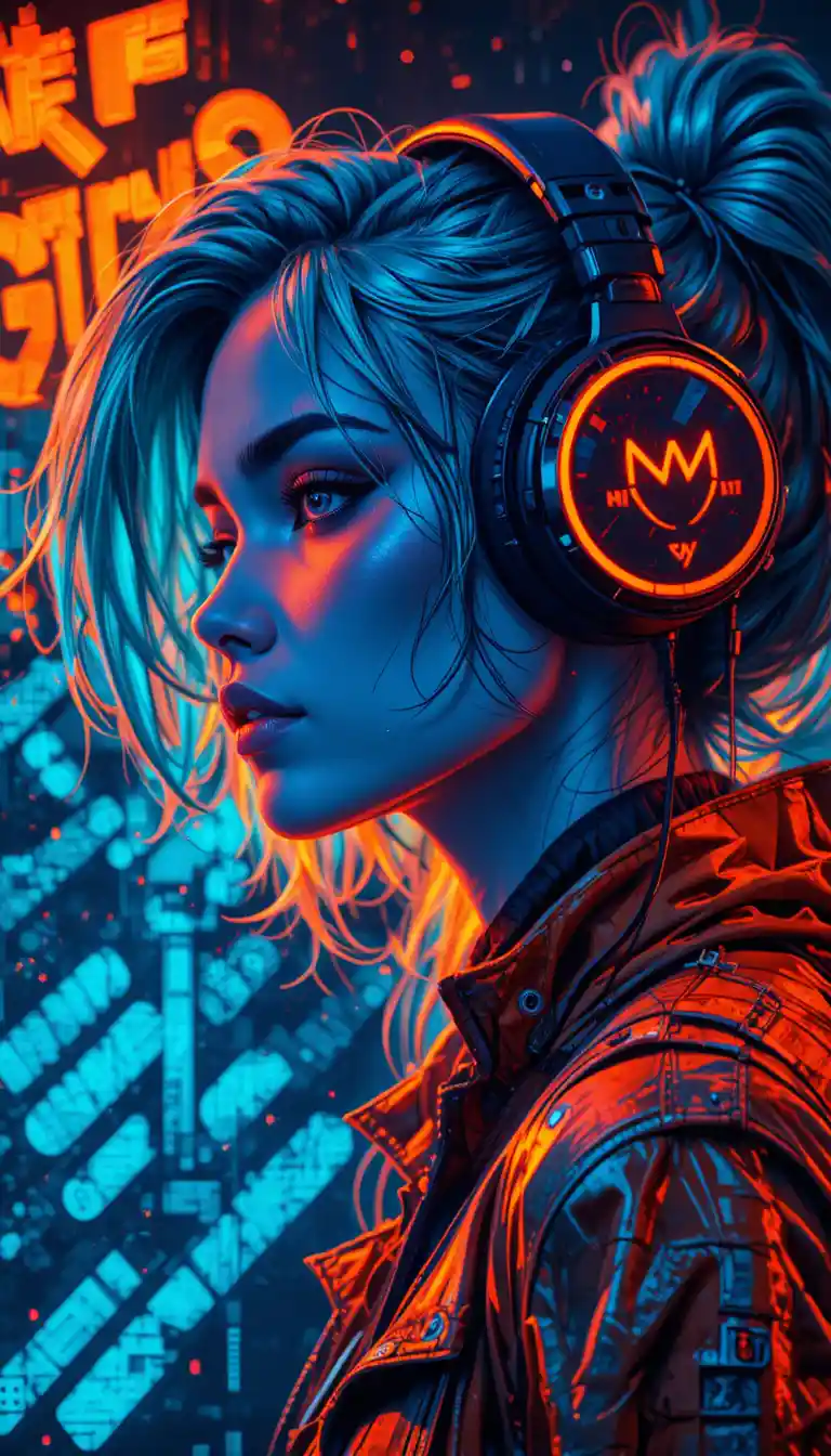 Retrato pop art cyberpunk neón con audífonos luminosos