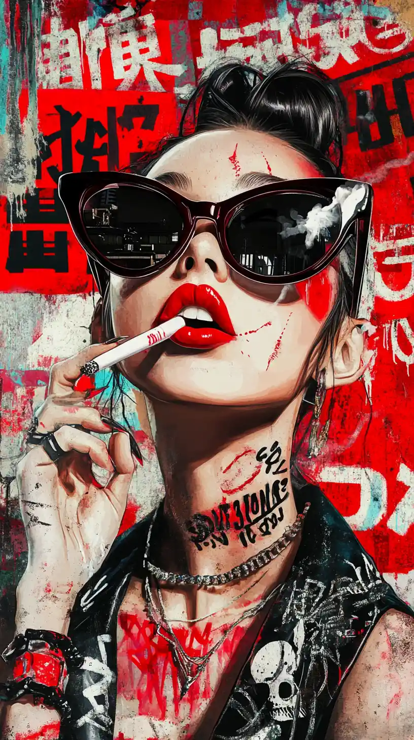 Rebellious woman with cigarette against bold graffiti wall