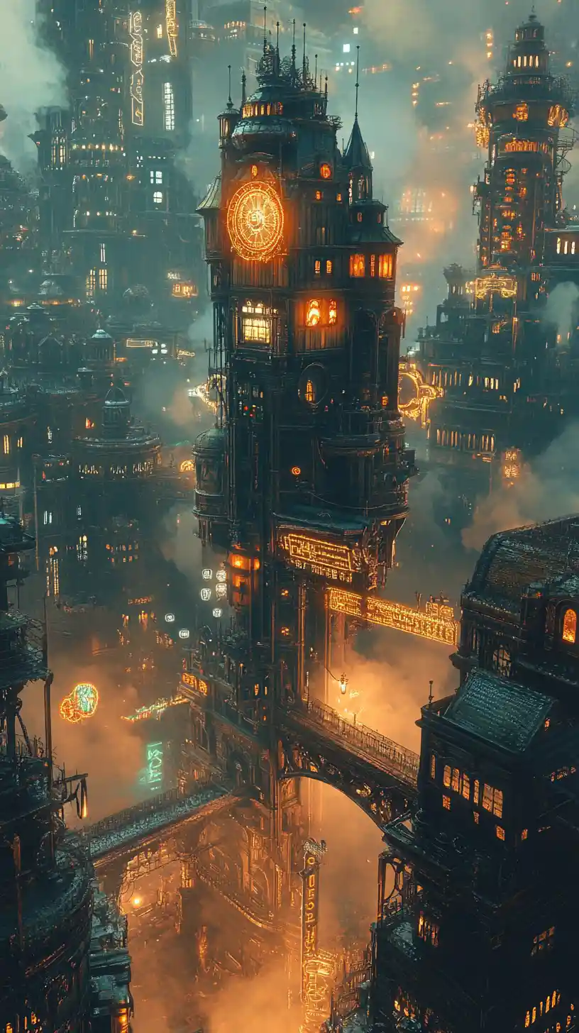 Majestic glass and water house above a steampunk city