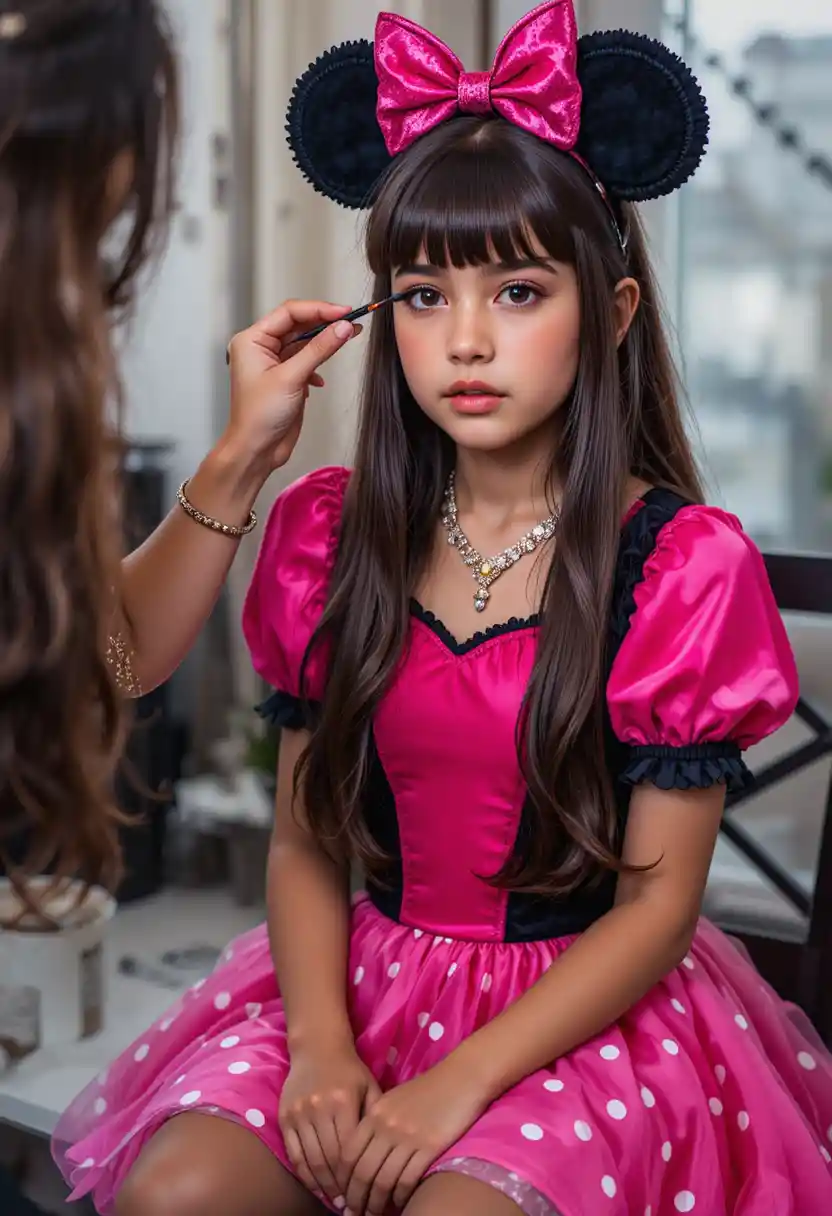 Ragazzo apprensivo in vestito rosa di Minnie mentre gli applicano il trucco