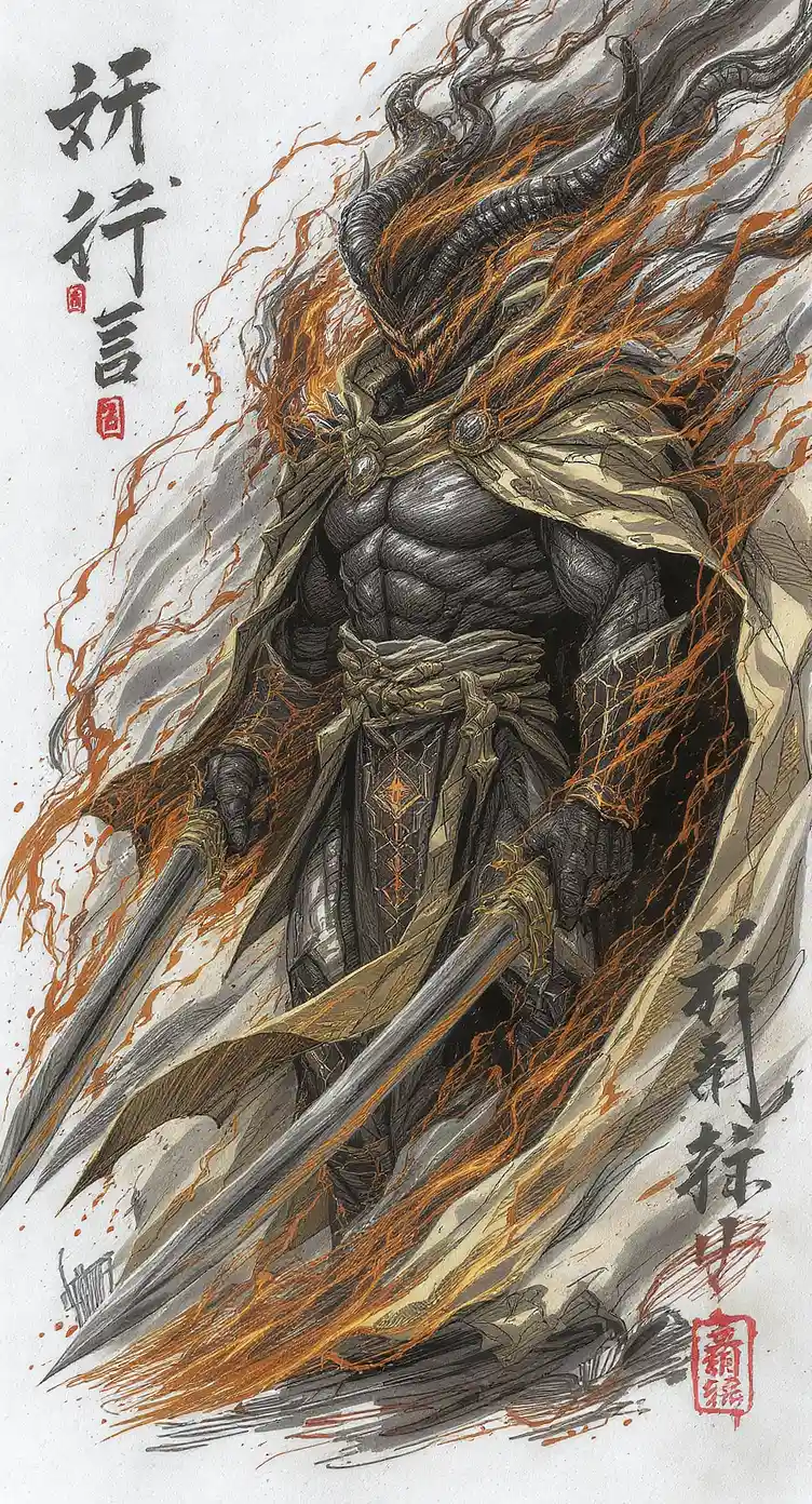 Guerrero ninja demonio envuelto en magia de fuego negro