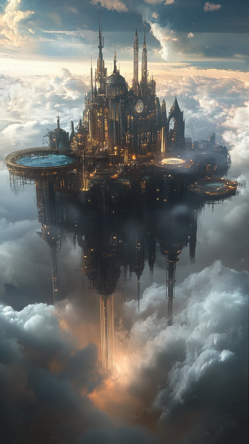 Majestic steampunk city rising from clouds of water and glass