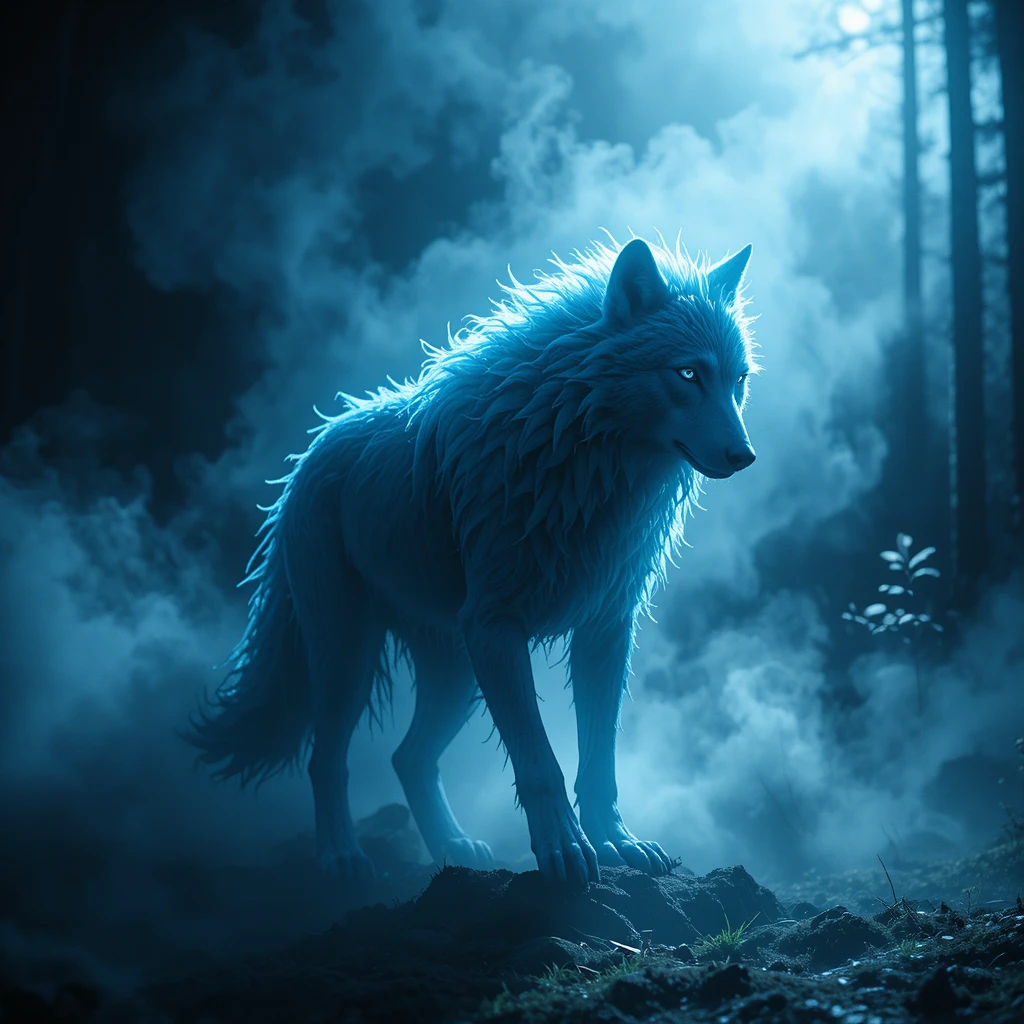 Silhueta fantasmagórica de lobo surgindo das sombras e da névoa