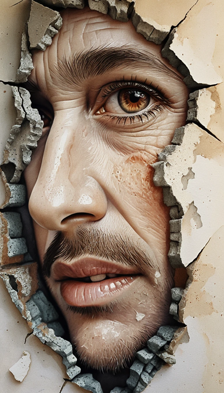 Fragmentiertes Gesicht eines älteren Mannes in Mixed-Media-Nahaufnahme