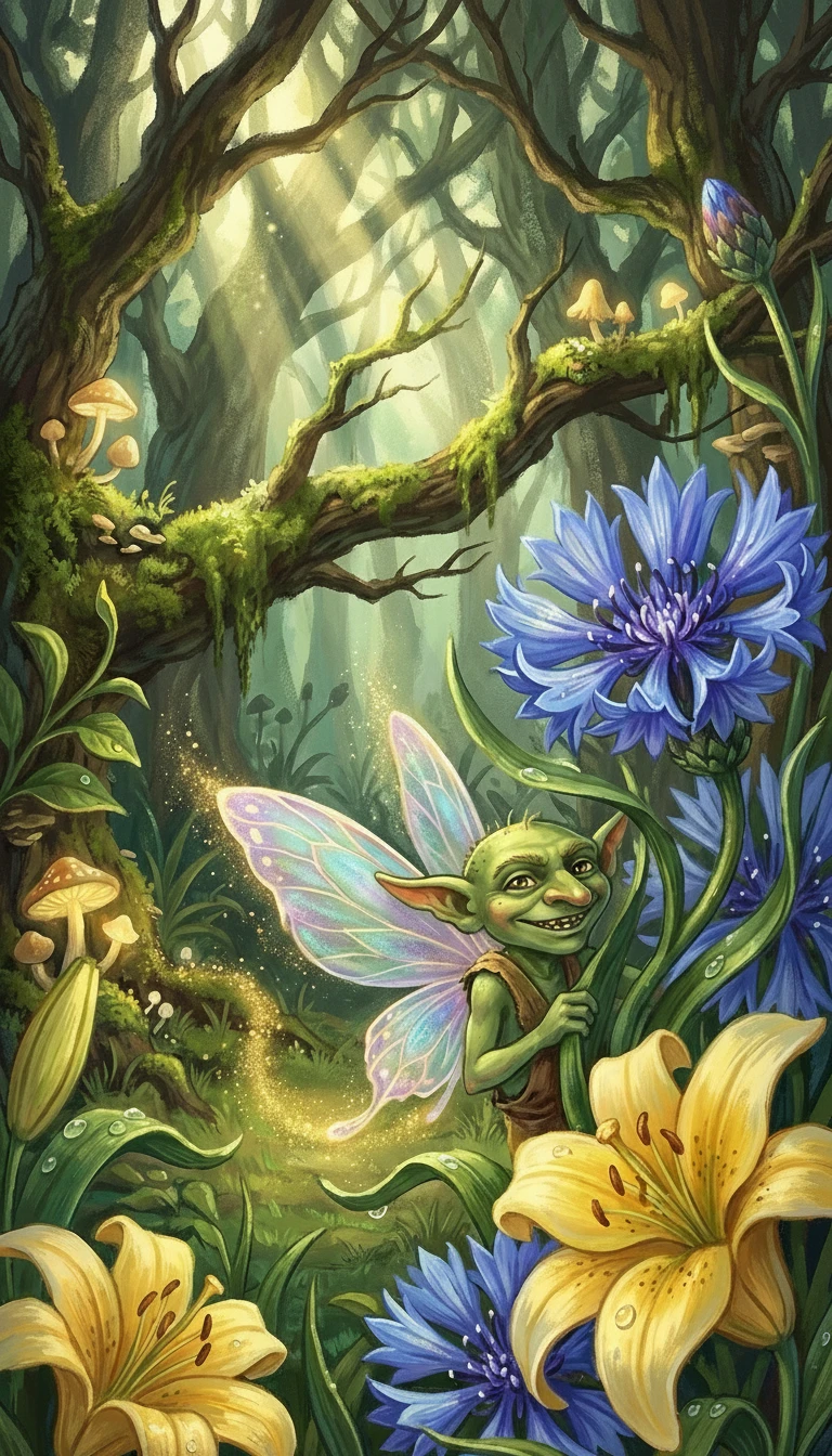 Duende travesso alado escondido entre flores de uma floresta encantada