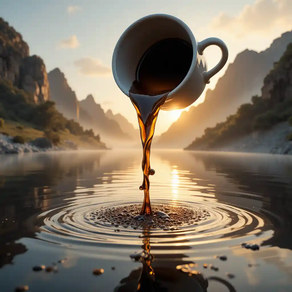 Tasse de café géante se déversant dans un lac calme et réfléchissant