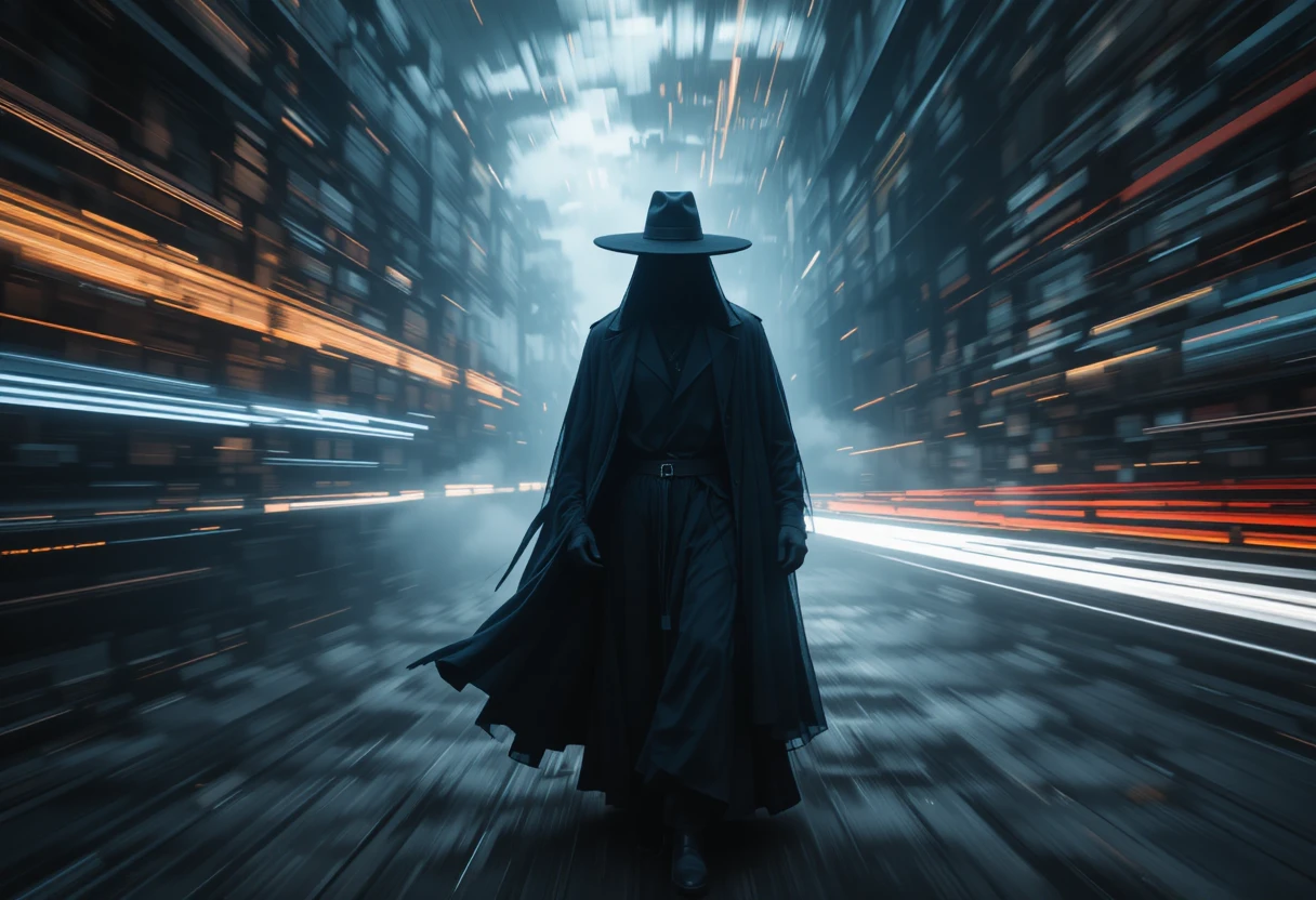 Mysterious black archivist emerging from shadowy stone hall