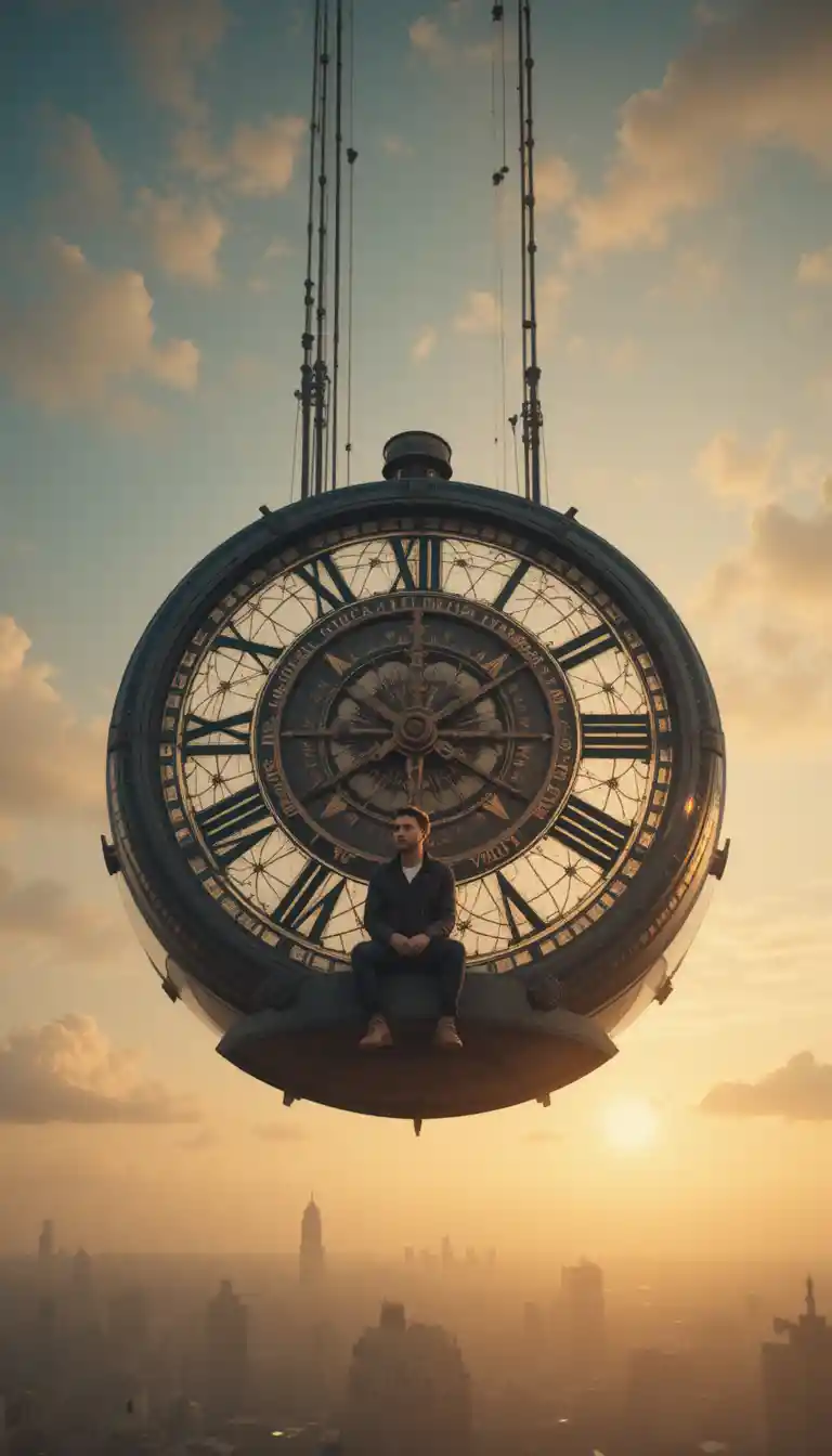 Man Sitting On Giant Clock Face Against Sunset Sky