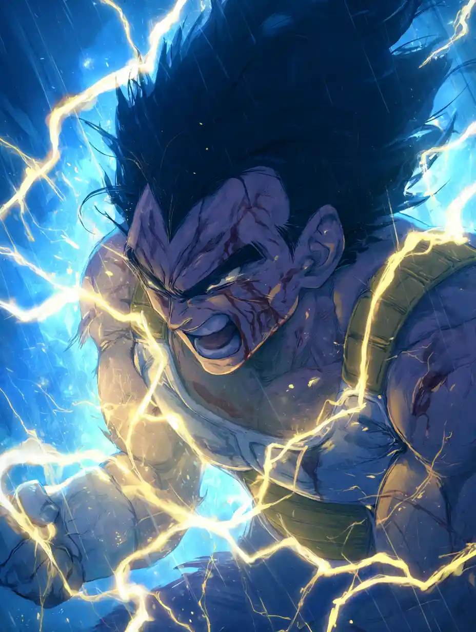 Guerreiro musculoso gritando em uma aura de energia azul crepitante