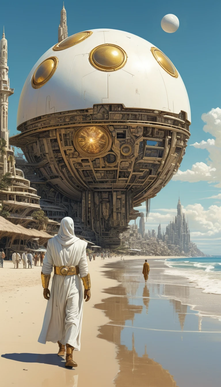 Multidão futurista à beira-mar caminhando em direção a um orbe dourado radiante
