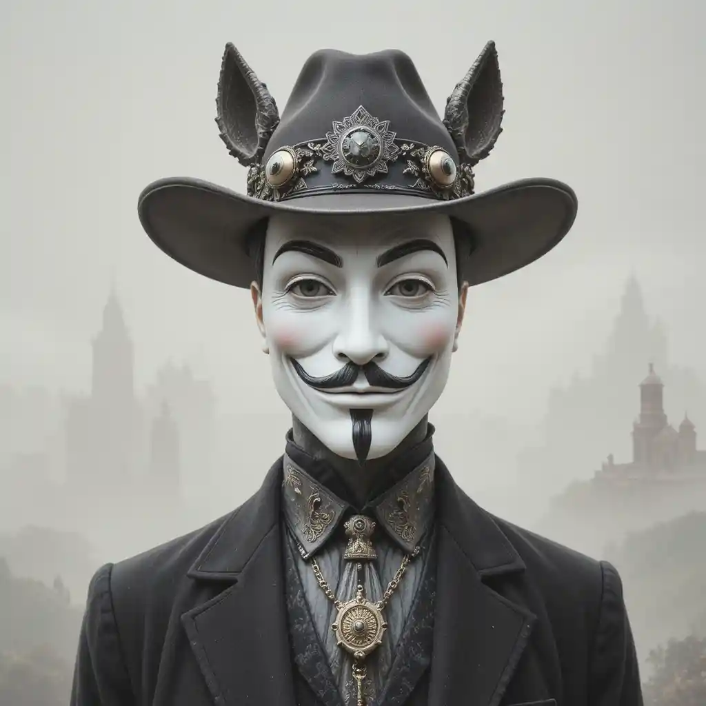 Surreal porcelain mask sheriff in a rocky desert landscape
