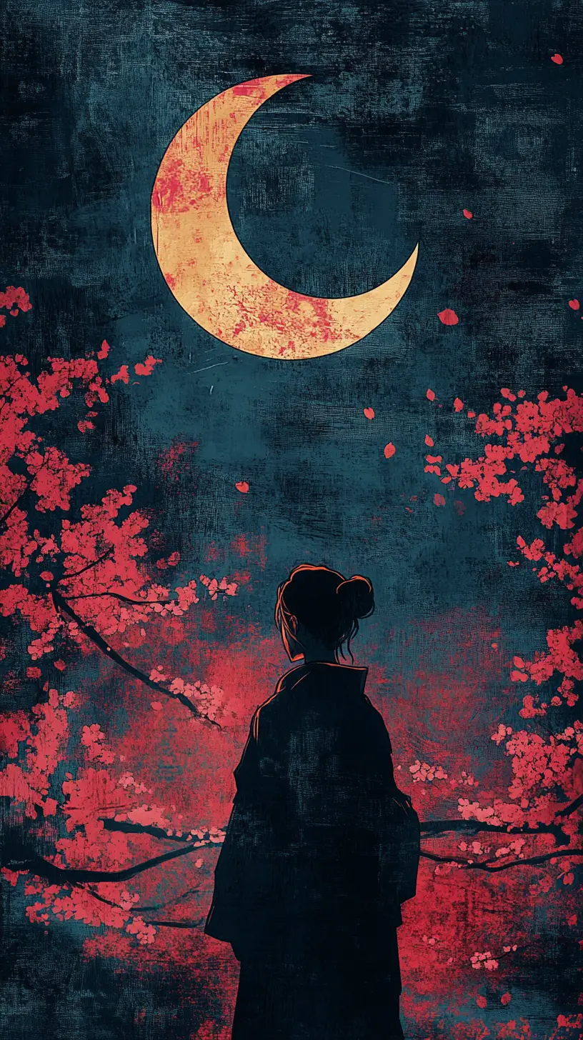 Woman in kimono gazing at crescent moon under cherry blossoms