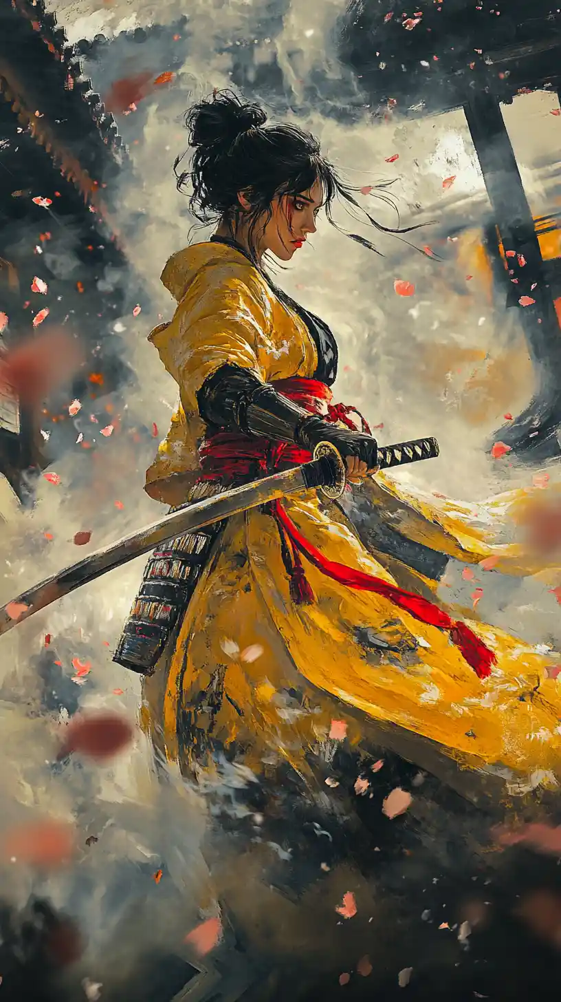 Samouraï Femme Stoïque avec Katana parmi les Fleurs de Cerisier